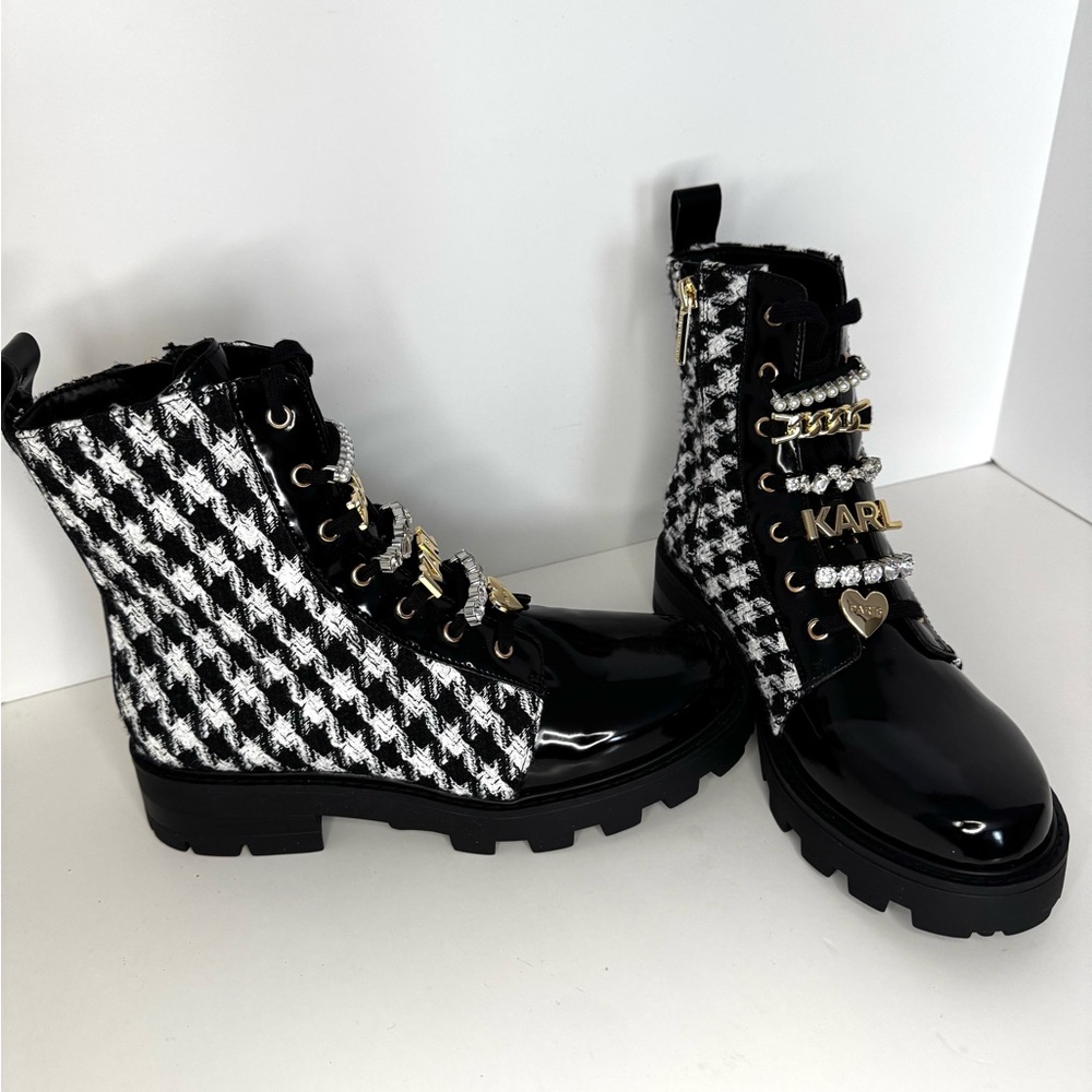 New Karl Lagerfeld Mela Tweed Black/White Combat Boots - Picture 8 of 12